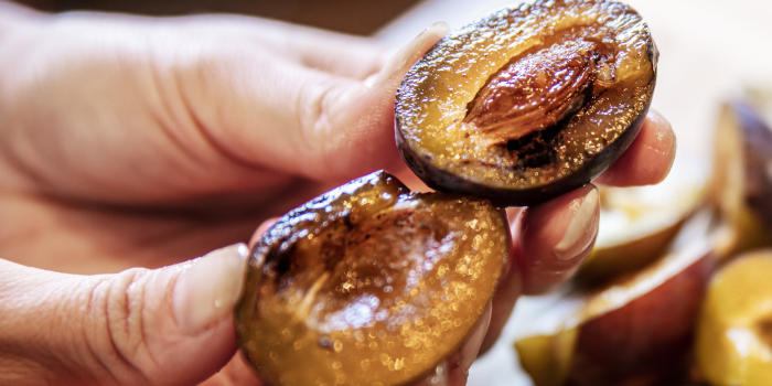 Aangetaste pruimen door rups pruimenmot